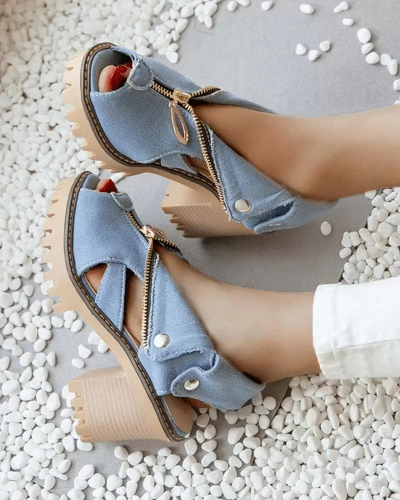 Denim Zipper Block Heel Sandals(Large size)