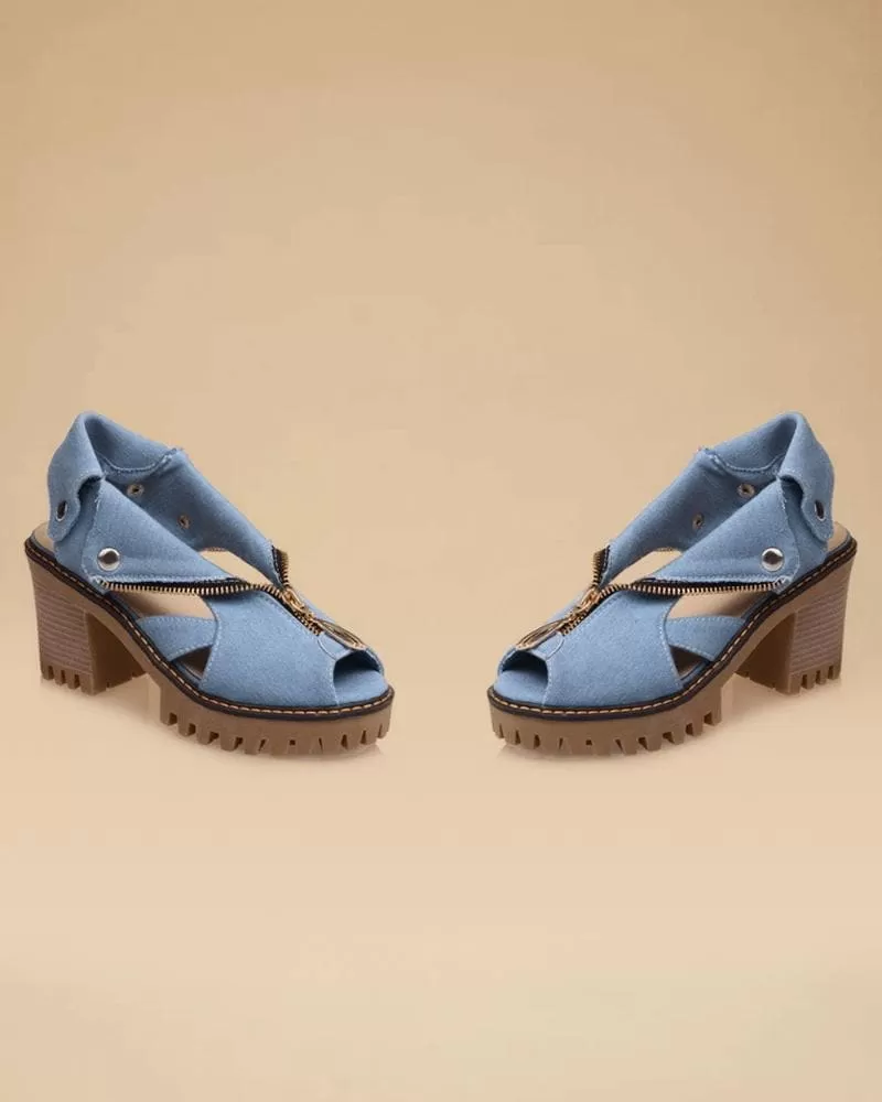 Denim Zipper Block Heel Sandals(Large size)