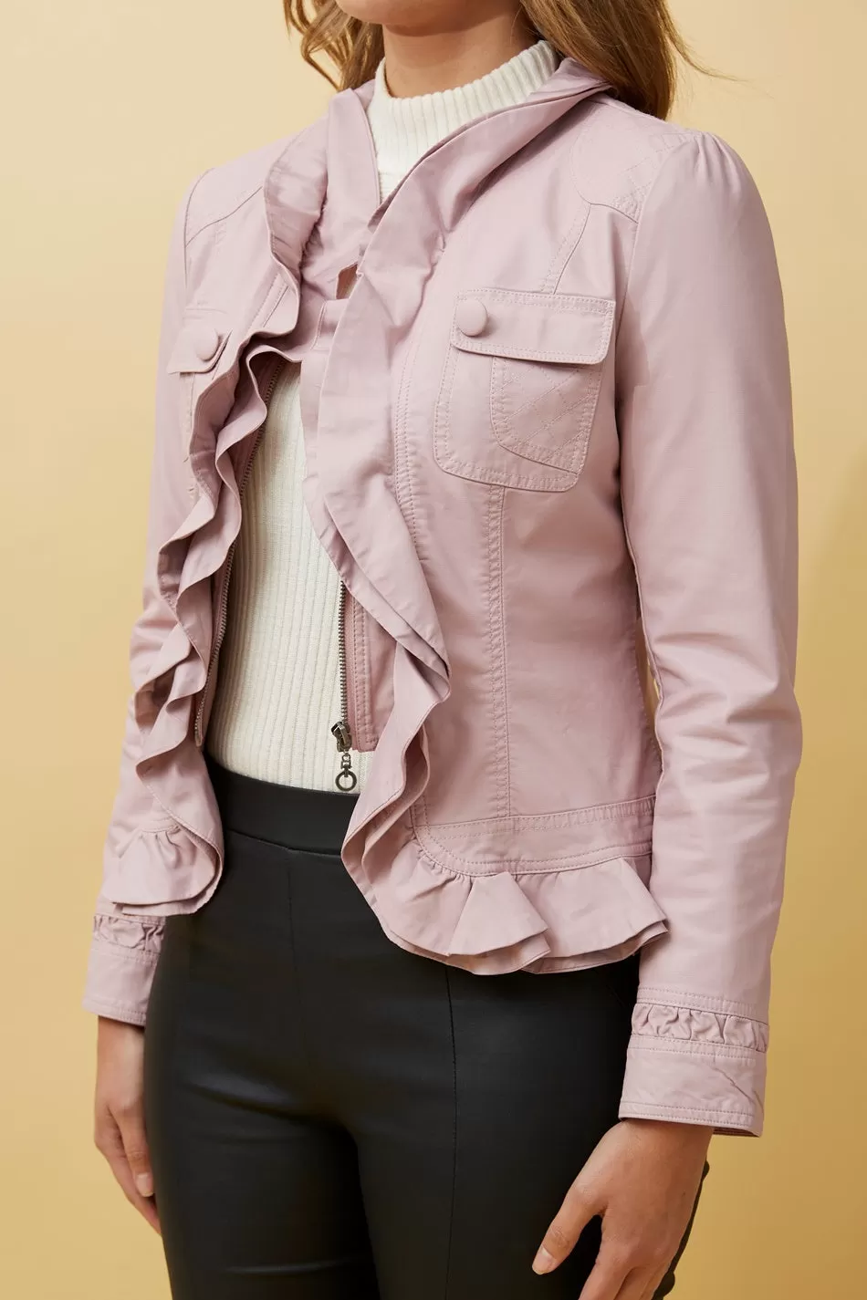 ELLEN FRILL VEGAN LEATHER JACKET