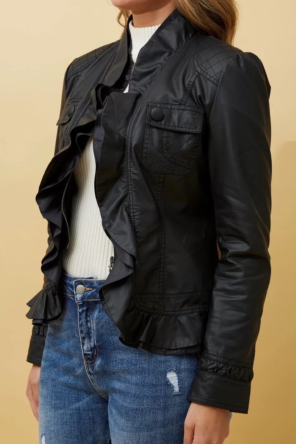 ELLEN FRILL VEGAN LEATHER JACKET