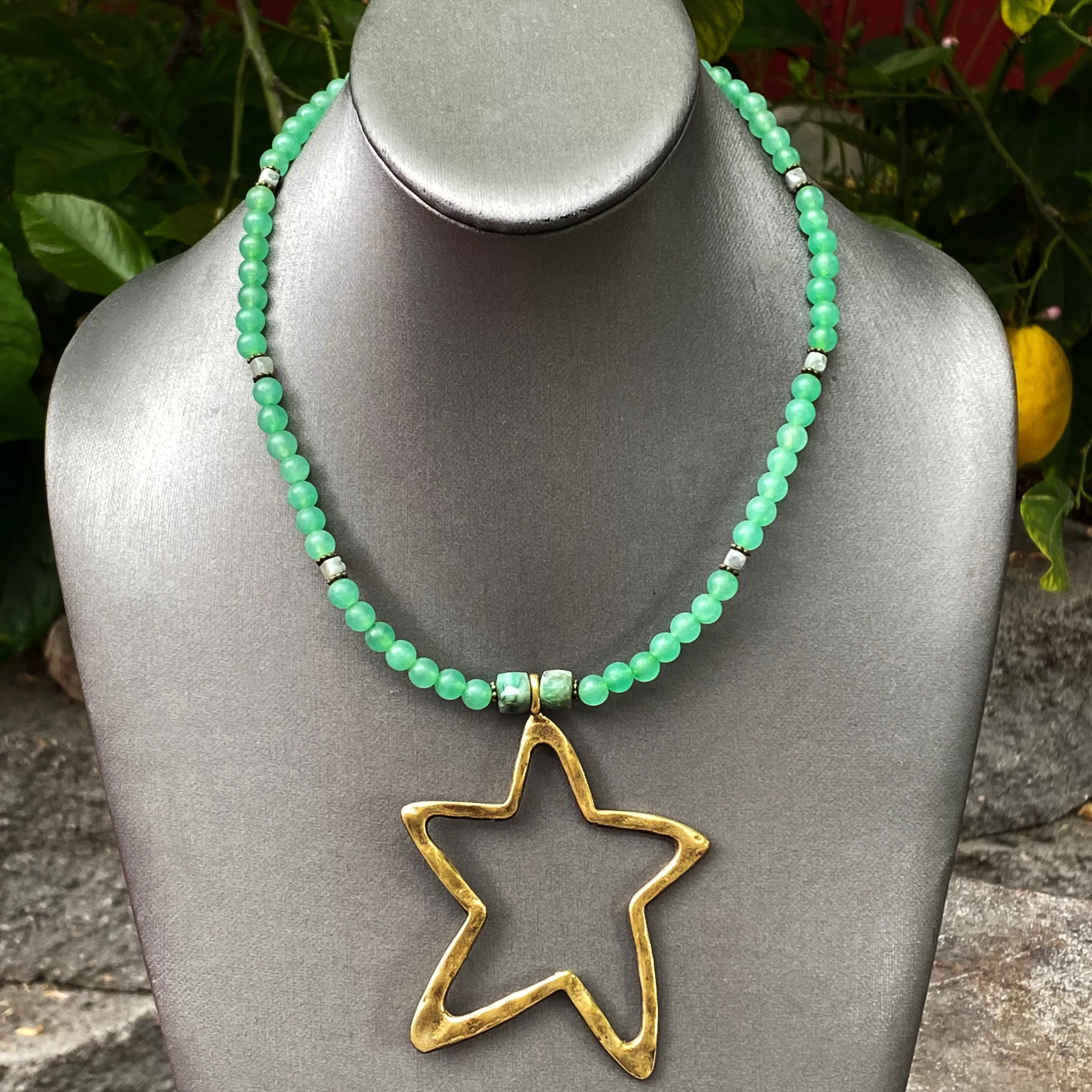 Emerald and Green Agate gemstone Star necklace