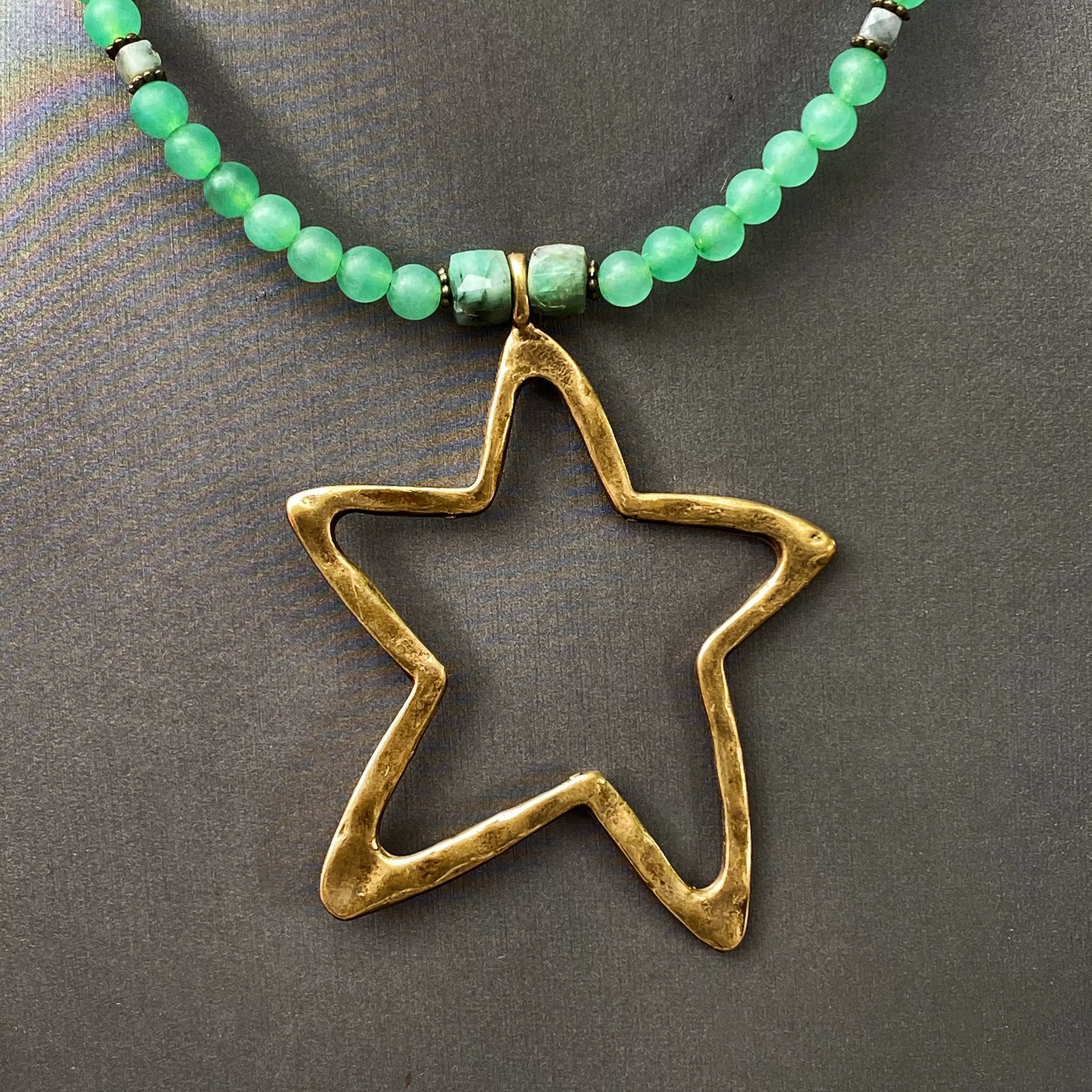 Emerald and Green Agate gemstone Star necklace