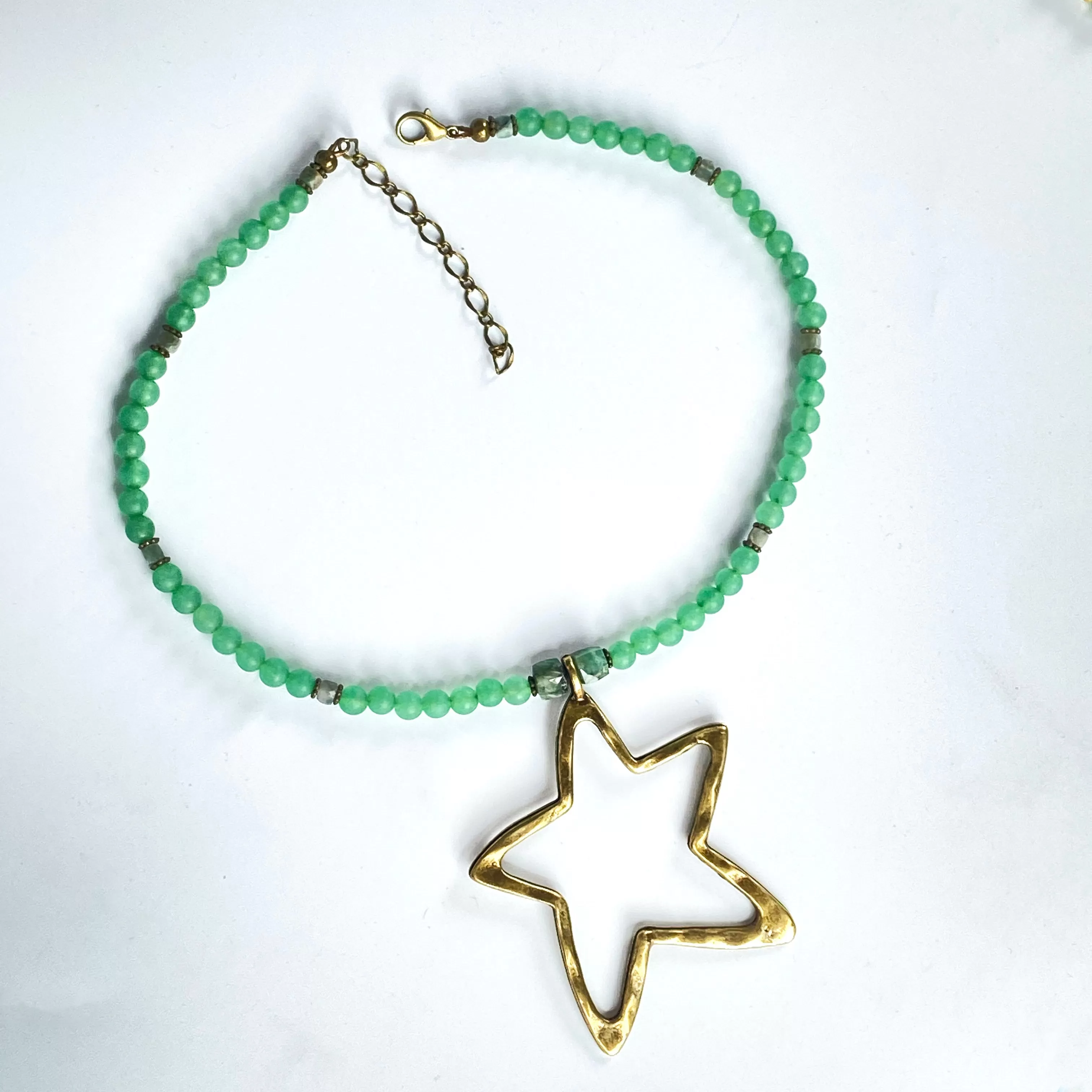 Emerald and Green Agate gemstone Star necklace