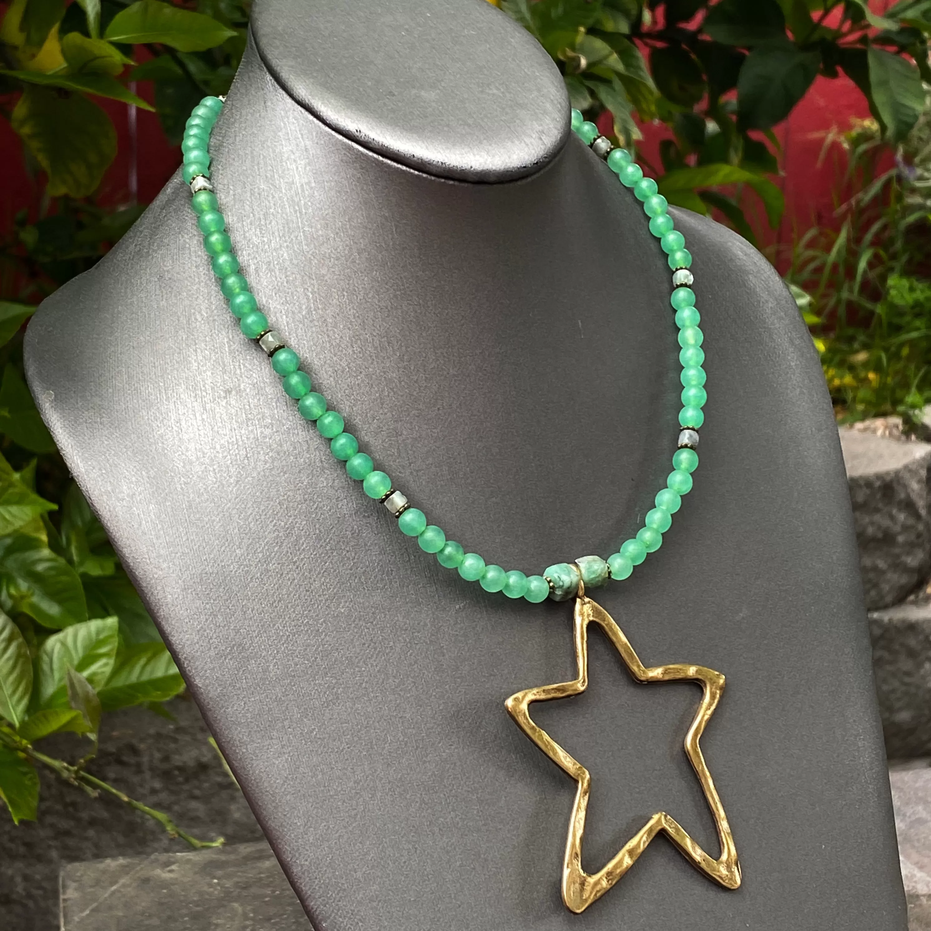 Emerald and Green Agate gemstone Star necklace