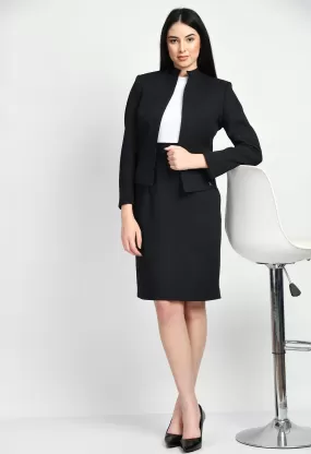 Exude Insight Striped Short Blazer Pencil Skirt Suit (Navy)