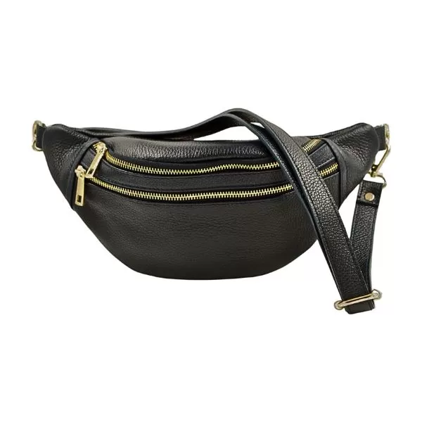 Fabucci Black  Leather Double  Zip Bum Bag