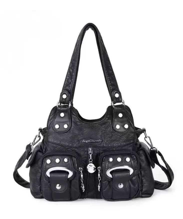 Fashion Black Rivet Faux Leather Satchel Handbag MM047