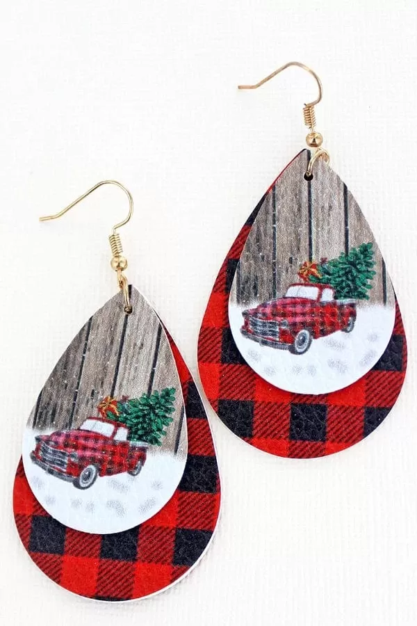 Faux leather Red truck Christmas earrings