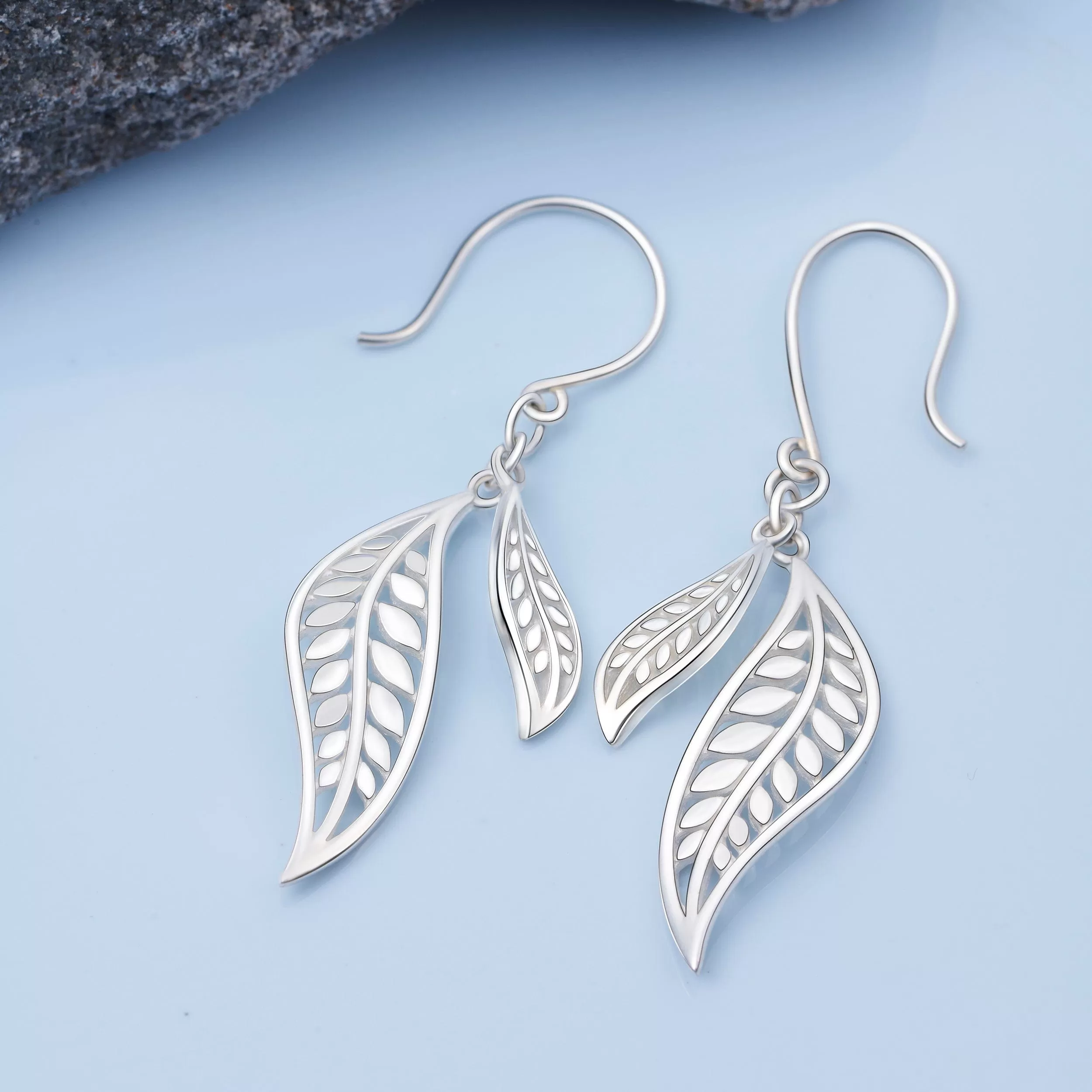 Feathered Leaf Drop Earrings Silver Dangle Earrings