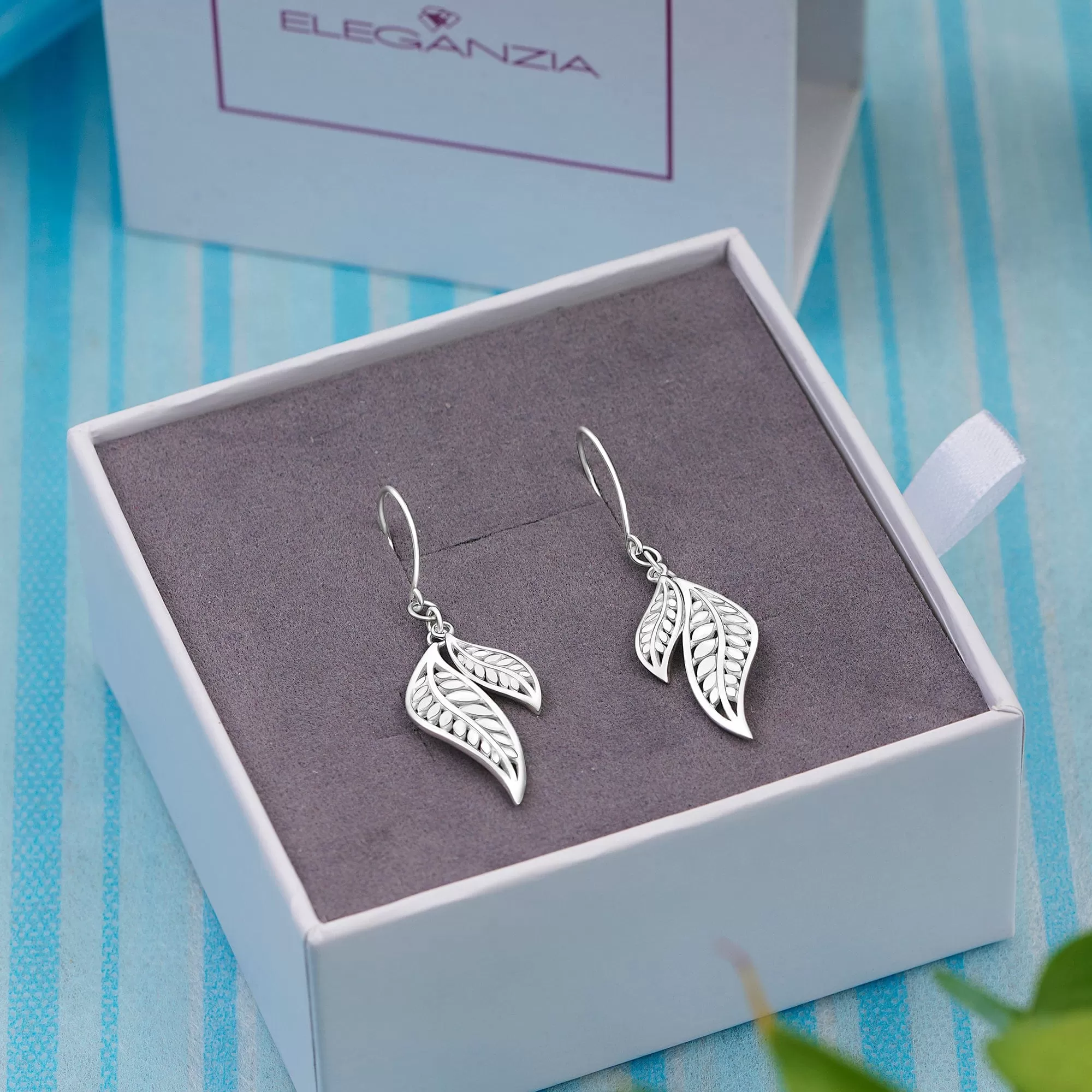 Feathered Leaf Drop Earrings Silver Dangle Earrings