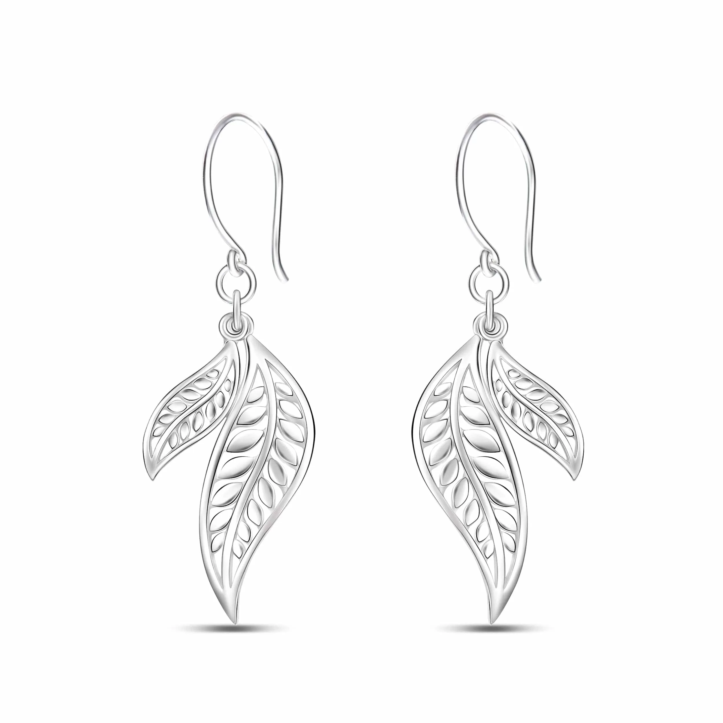 Feathered Leaf Drop Earrings Silver Dangle Earrings