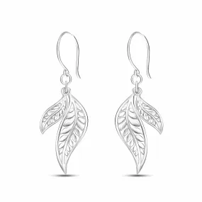 Feathered Leaf Drop Earrings Silver Dangle Earrings