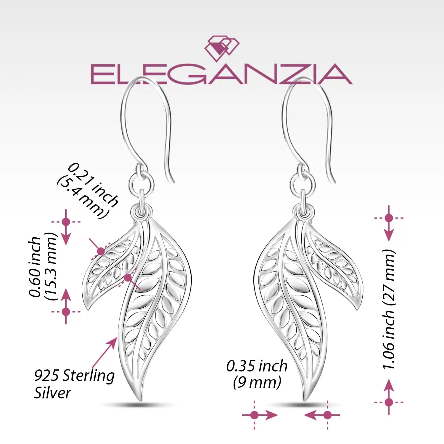 Feathered Leaf Drop Earrings Silver Dangle Earrings