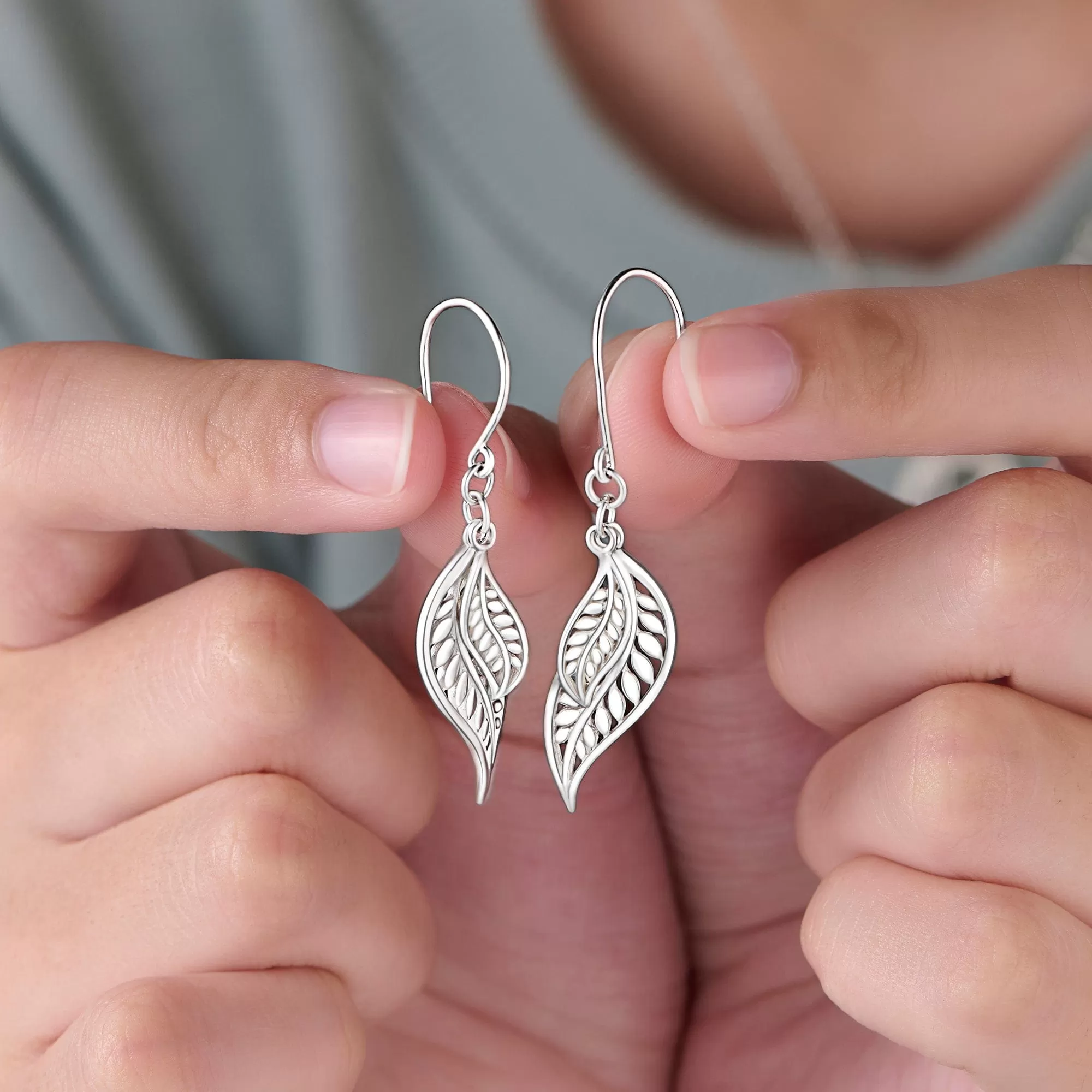 Feathered Leaf Drop Earrings Silver Dangle Earrings