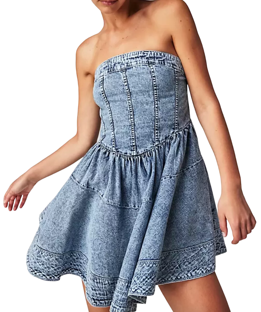 Free People Blue Candace Corset Denim Mini Dress UK M