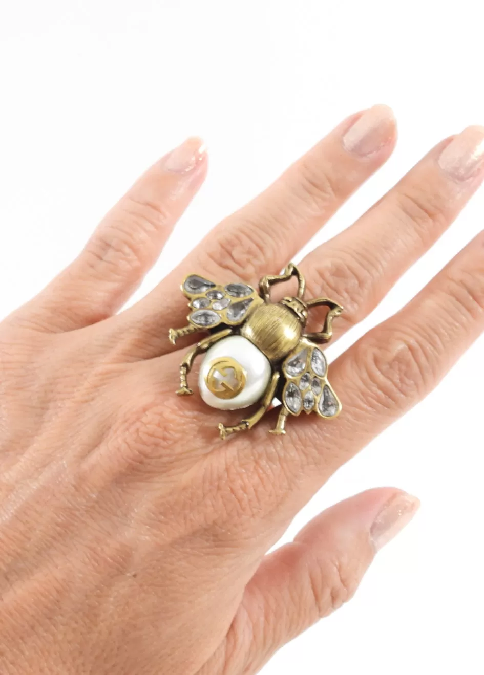 Gucci Brass Crystal Pearl GG Statement Bee Ring - USA 7