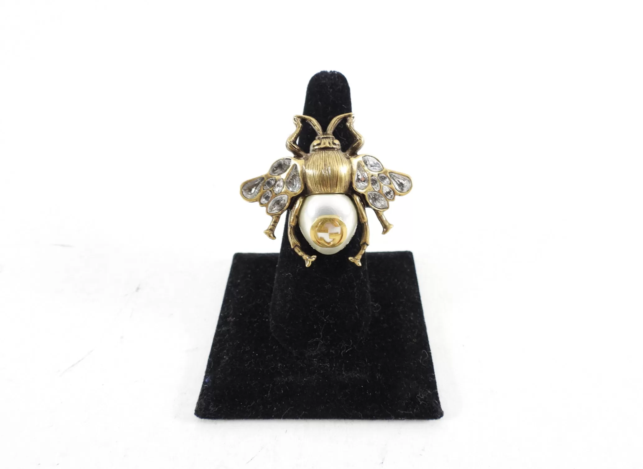 Gucci Brass Crystal Pearl GG Statement Bee Ring - USA 7