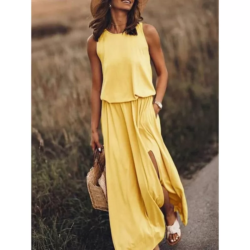 INSTOCK - summer women's round neck sleeveless dress with slit