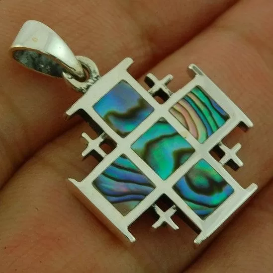 Jerusalem Cross Pendant in Abalone   Sterling Silver 925 Neck Chain