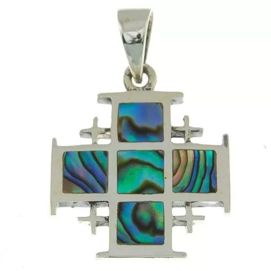 Jerusalem Cross Pendant in Abalone   Sterling Silver 925 Neck Chain