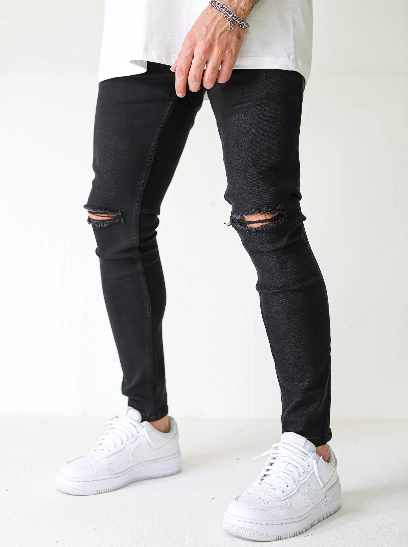 Knee Destroyed 4 Way Stretch Black Jeans