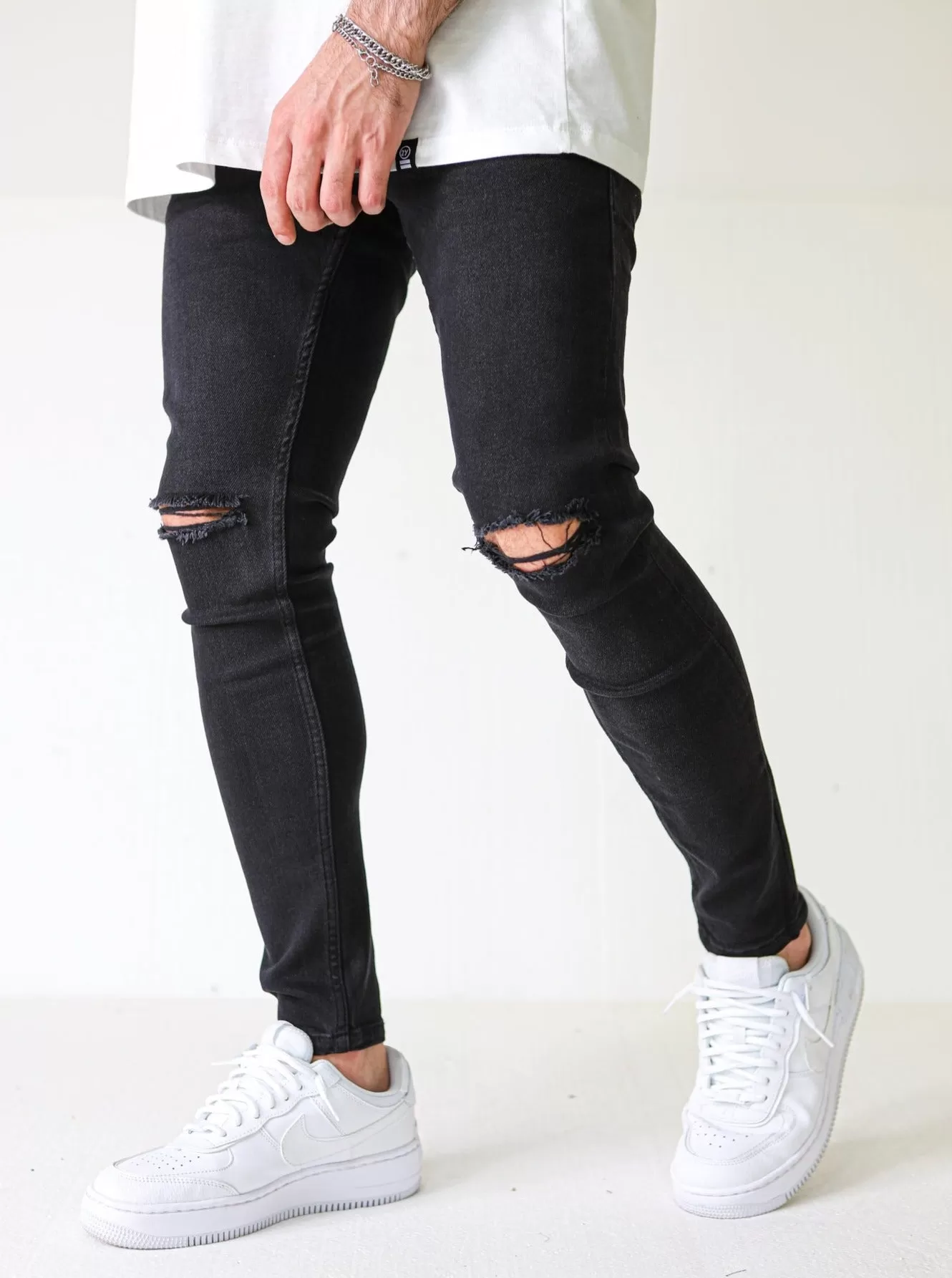 Knee Destroyed 4 Way Stretch Black Jeans