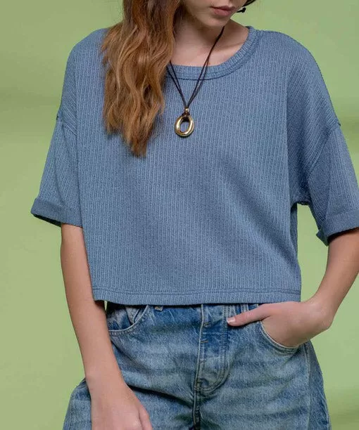 Knit Top with Fold Sleeves - Dusty Teal