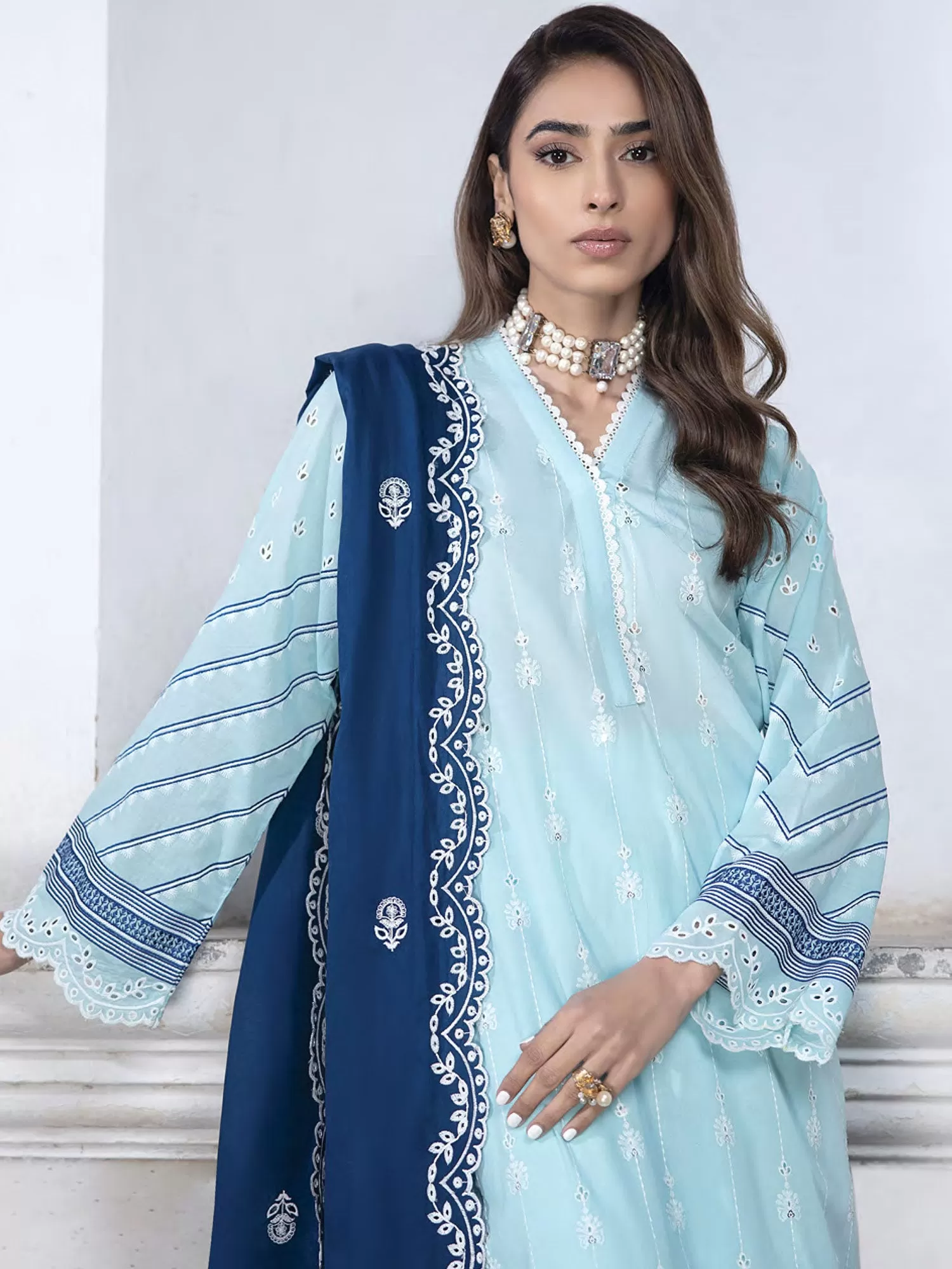 Lakhany Aqua Blue Unstitched Embroidered Lawn 3-Piece Suit (LG-SR-0123)