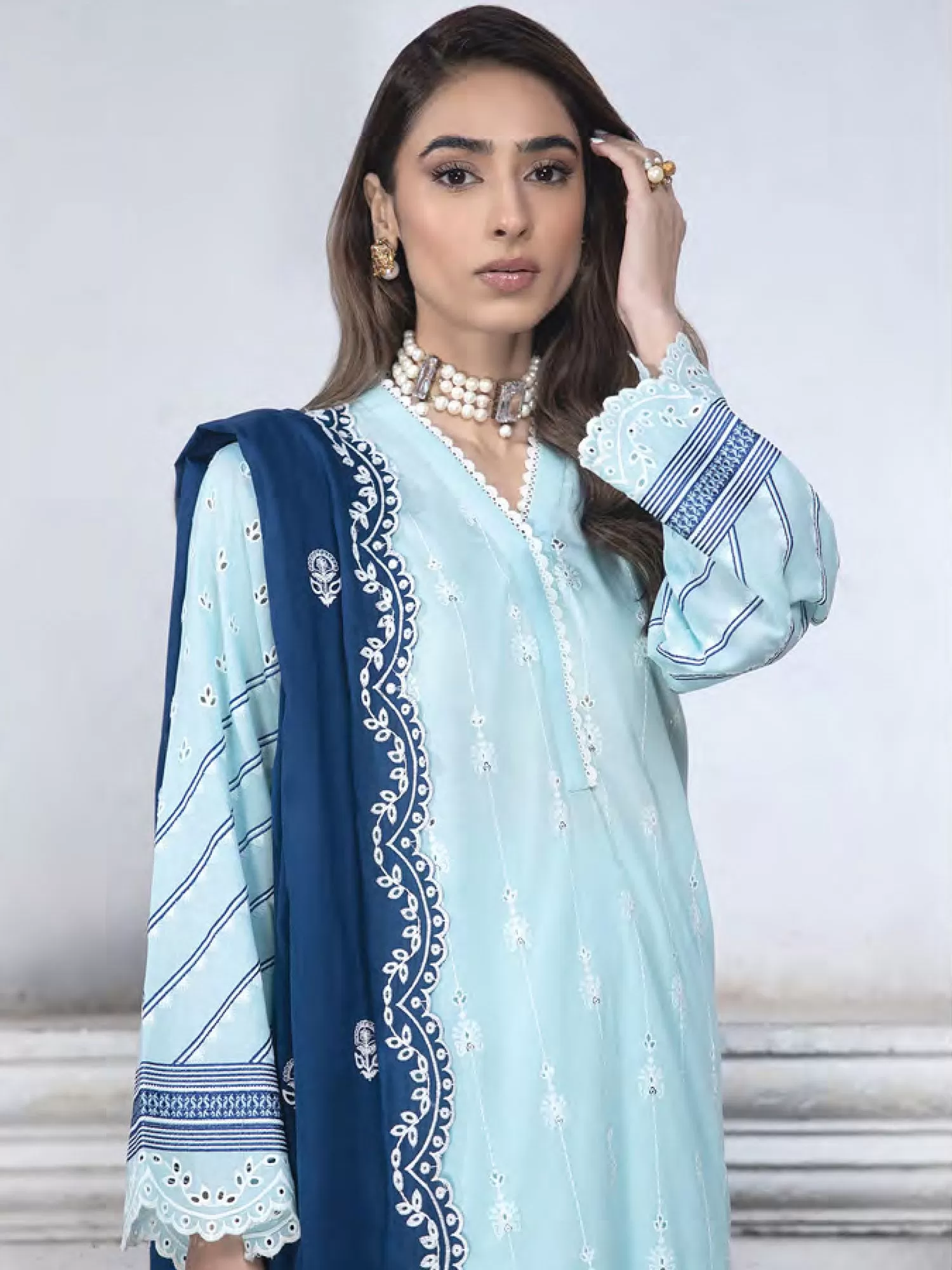 Lakhany Aqua Blue Unstitched Embroidered Lawn 3-Piece Suit (LG-SR-0123)