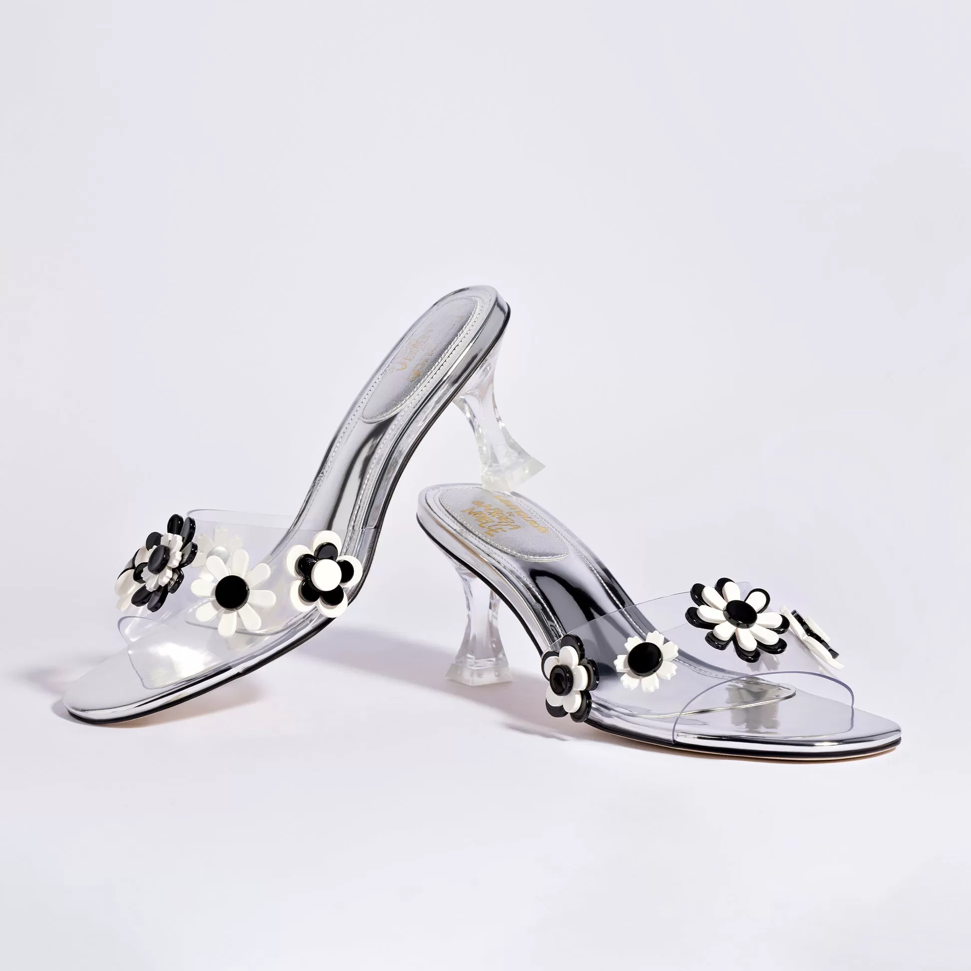 Larroudé x Gabriela Noelle: Garden Mule In Silver Specchio and Black and White Acrylic