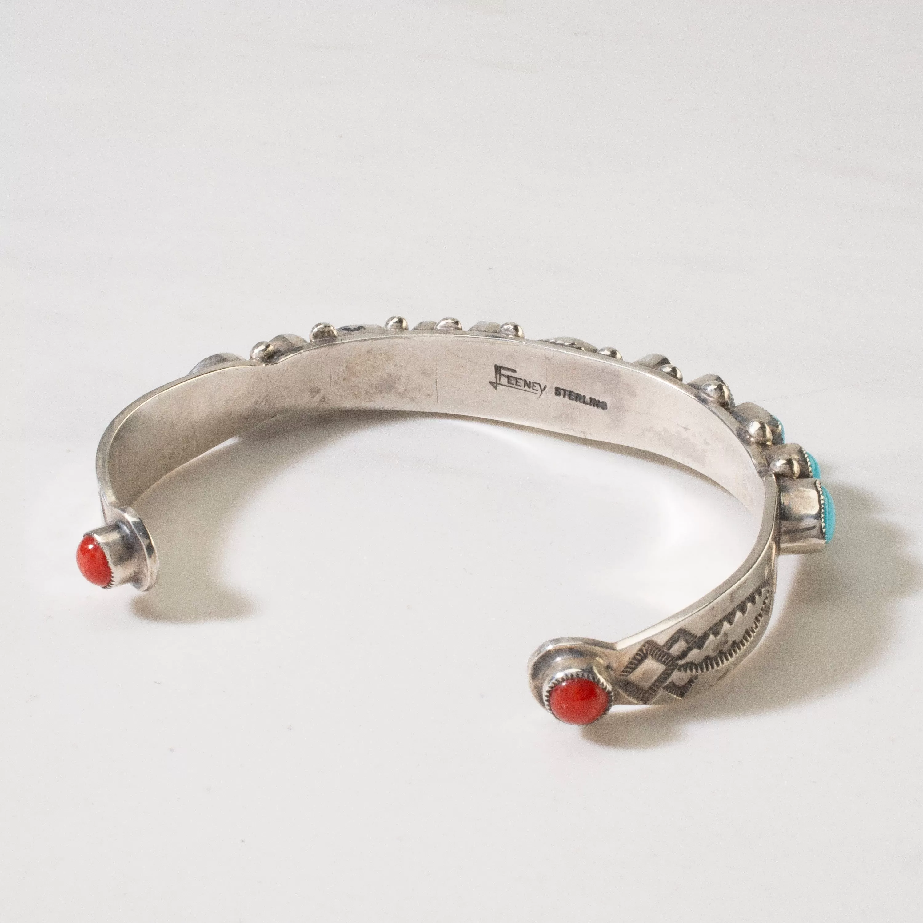 Leo Feeney Navajo Sleeping Beauty Turquoise & Red Coral USA Native American Made 925 Sterling Silver Cuff