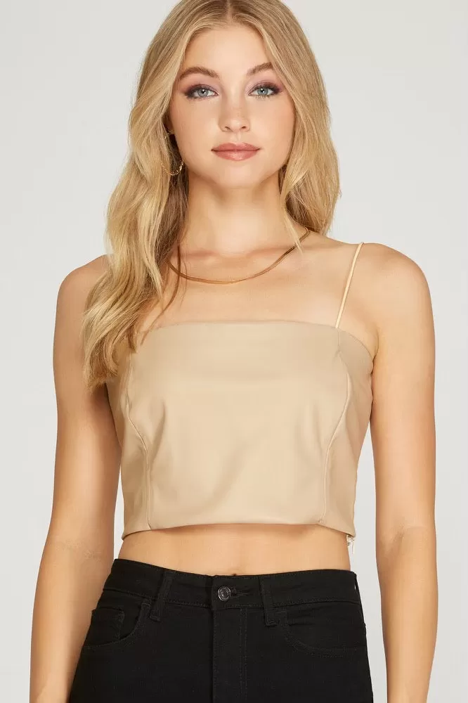 light taupe faux leather crop top