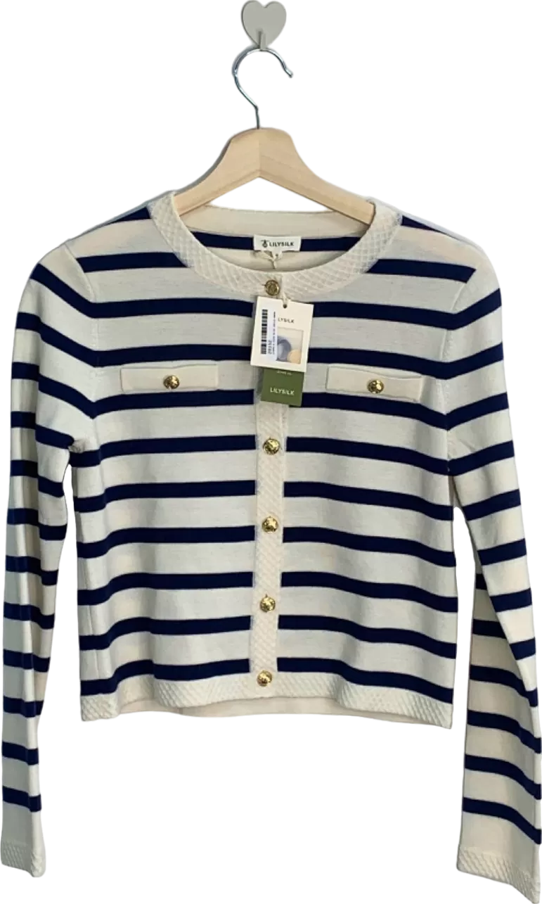 LILYSILK Navy/White Striped Cardigan XS UK 6-8