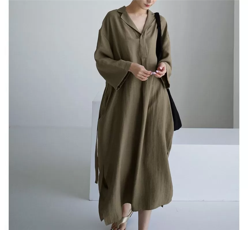 Long-Sleeve Lapel Collar Sashed Plain Half-Button Linen Midi A-Line Dress aa2