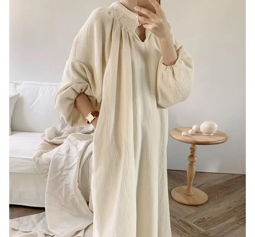 Long-Sleeve Notched Sashed Plain Linen Midi A-Line Dress aa6