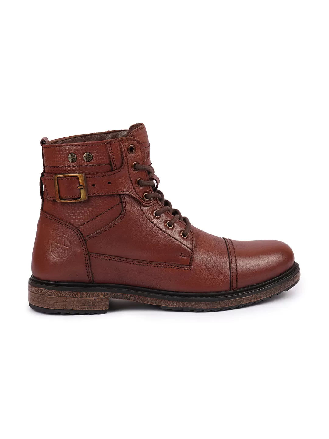 Men Tan High Top Genuine Leather 7-Eye Lace Up Buckle Strap Work Cap Toe Winter Flat Boots