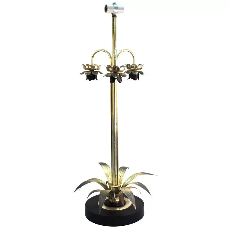 Mid-Century Modern Table Lamp with Metal Leaves and Flowers