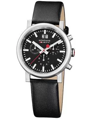 Mondaine Mens Evo Chrono - Black Dial with Genuine Leather - Double Date Window