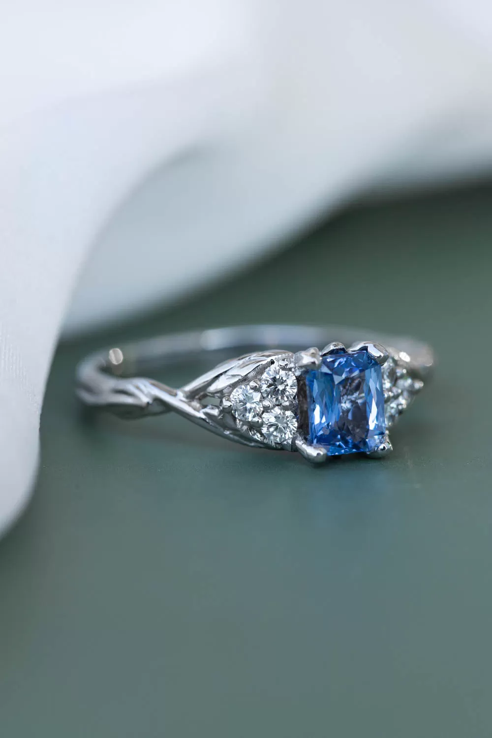 Natural light blue sapphire engagement ring, emerald cut gemstone ring with accent diamonds / Gloria