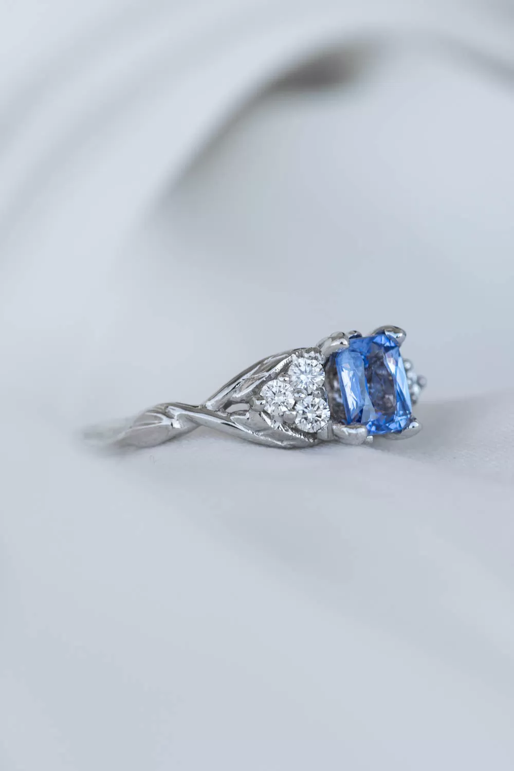 Natural light blue sapphire engagement ring, emerald cut gemstone ring with accent diamonds / Gloria