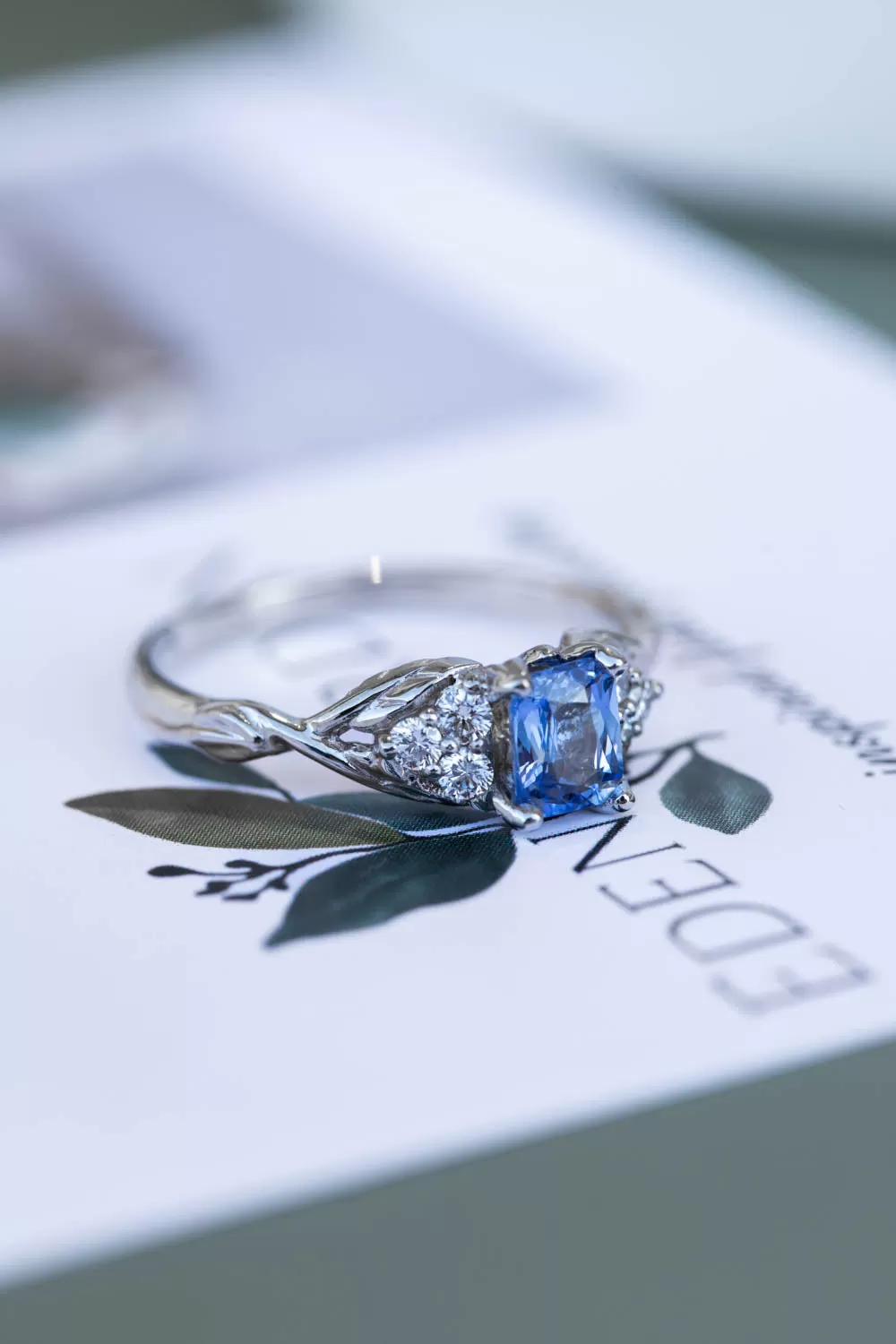 Natural light blue sapphire engagement ring, emerald cut gemstone ring with accent diamonds / Gloria