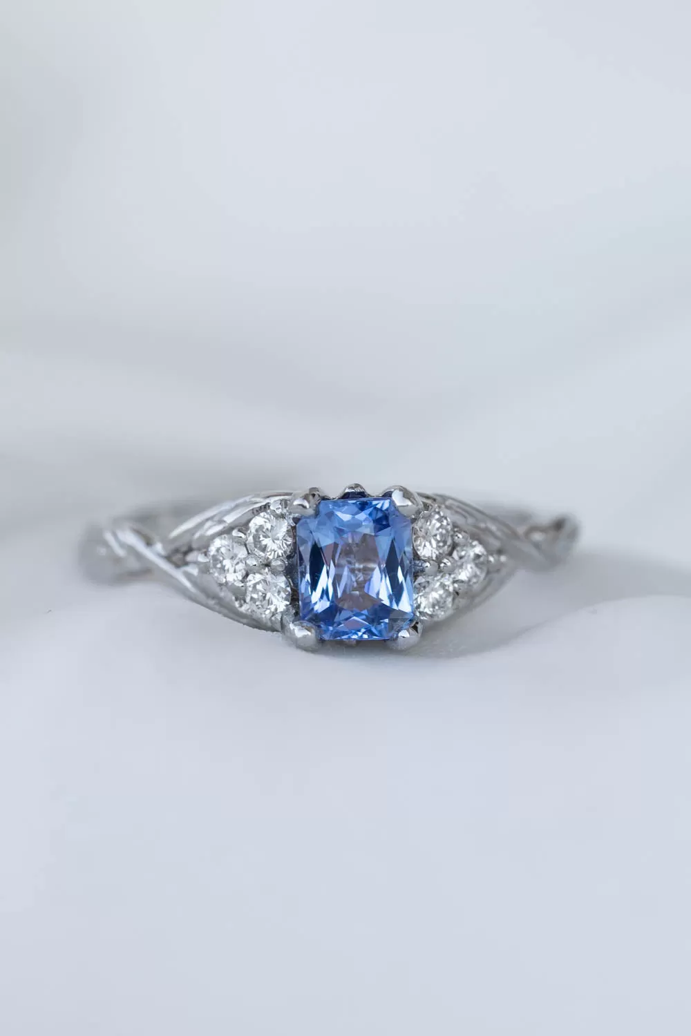 Natural light blue sapphire engagement ring, emerald cut gemstone ring with accent diamonds / Gloria