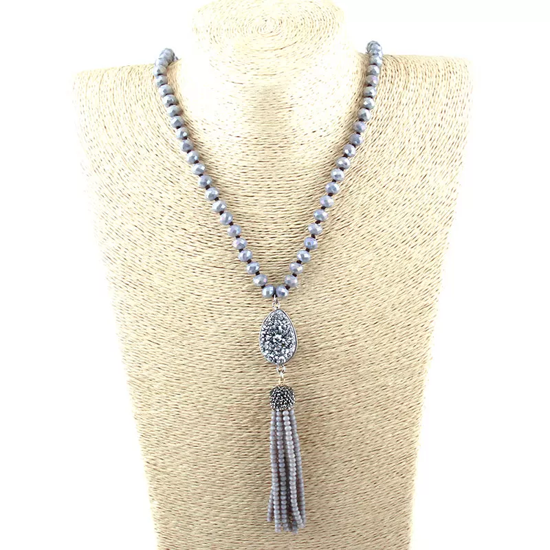 Natural Stone Crystal Knotted Druzy Long Tassel Necklace