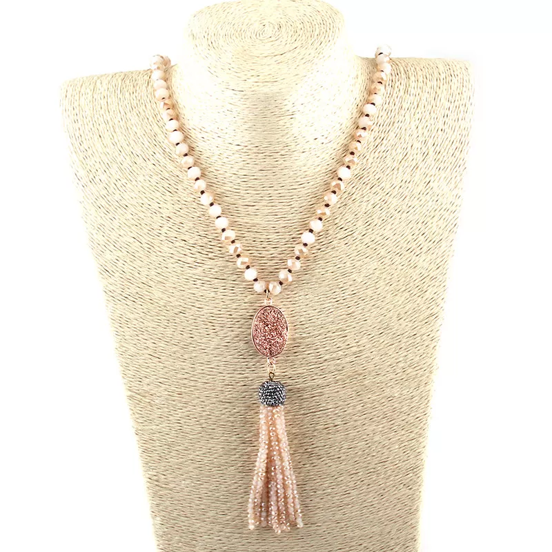 Natural Stone Crystal Knotted Druzy Long Tassel Necklace