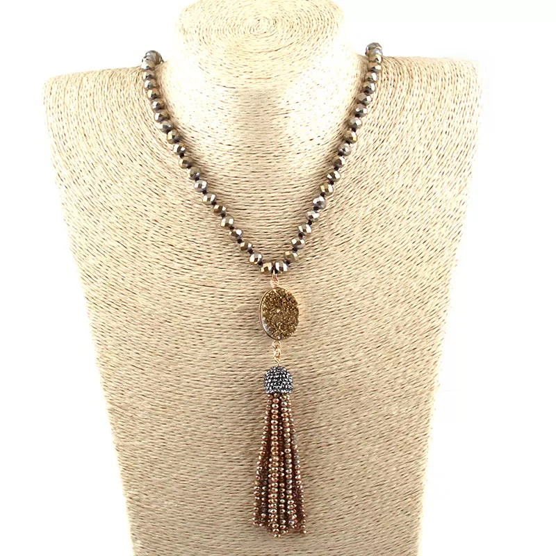 Natural Stone Crystal Knotted Druzy Long Tassel Necklace