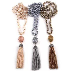 Natural Stone Crystal Knotted Druzy Long Tassel Necklace