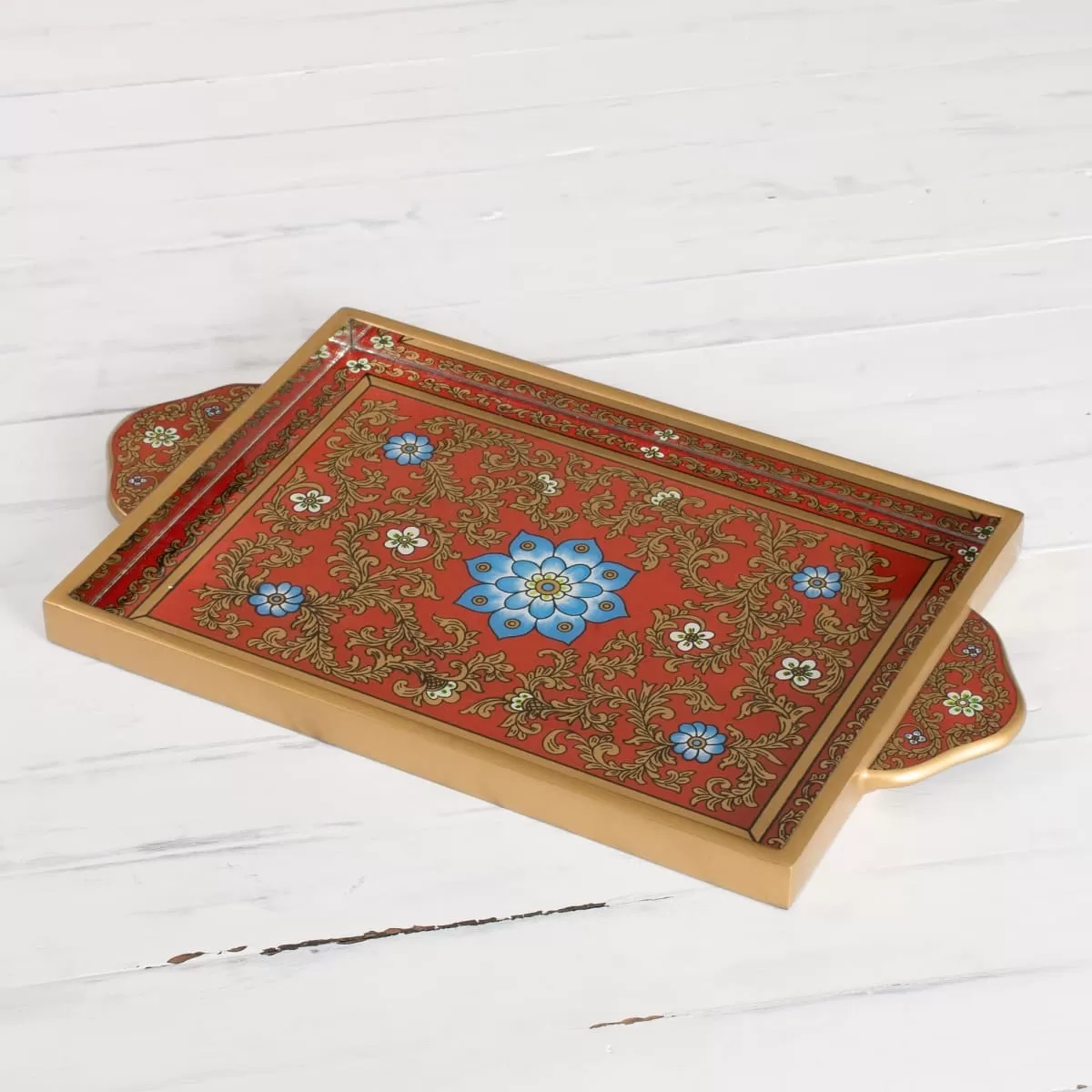 Novica Crimson Garden Painted Glass Tray