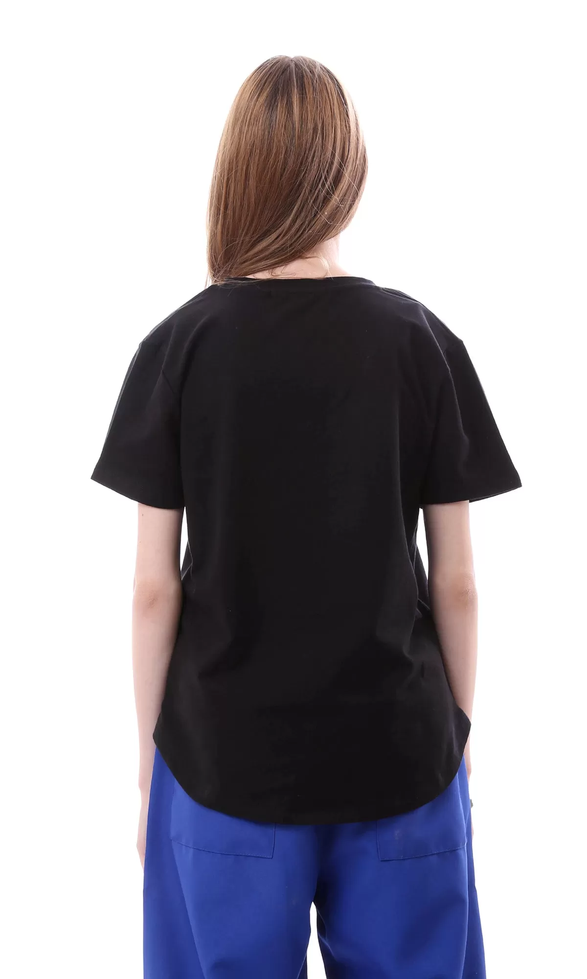 O164656 Black Short Sleeves Slip On U-Shaped Hemline Tee