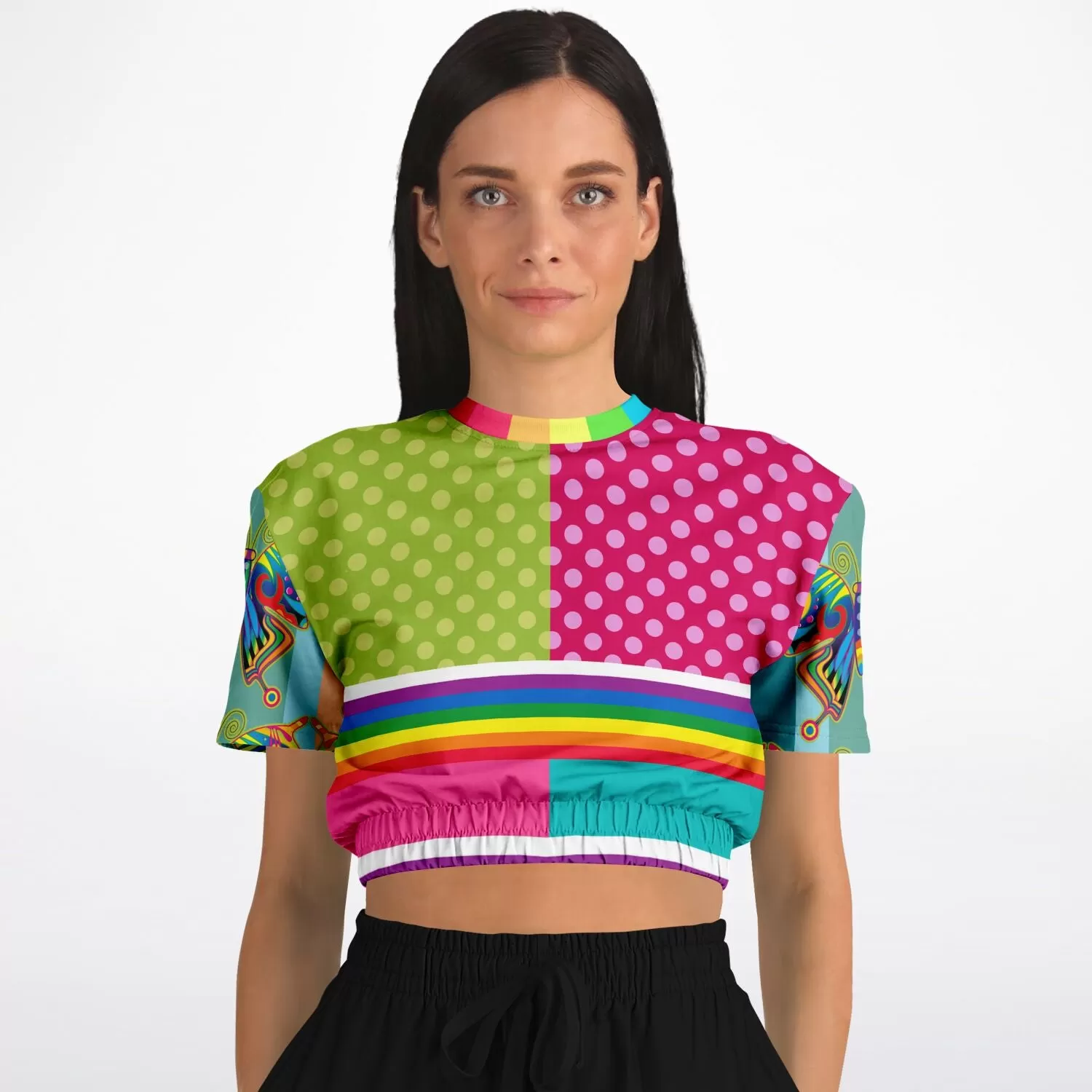 OG San Diego Polka Dot Patchwork Short Sleeve Cropped Eco-Poly Sweater