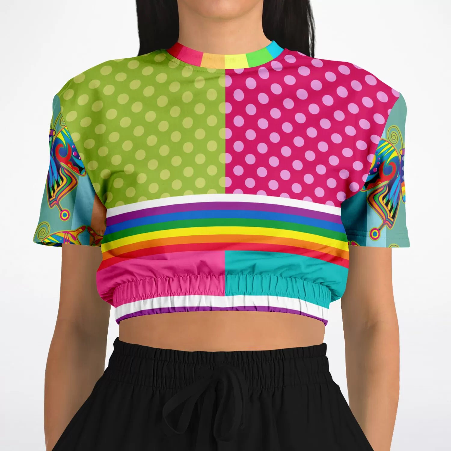 OG San Diego Polka Dot Patchwork Short Sleeve Cropped Eco-Poly Sweater